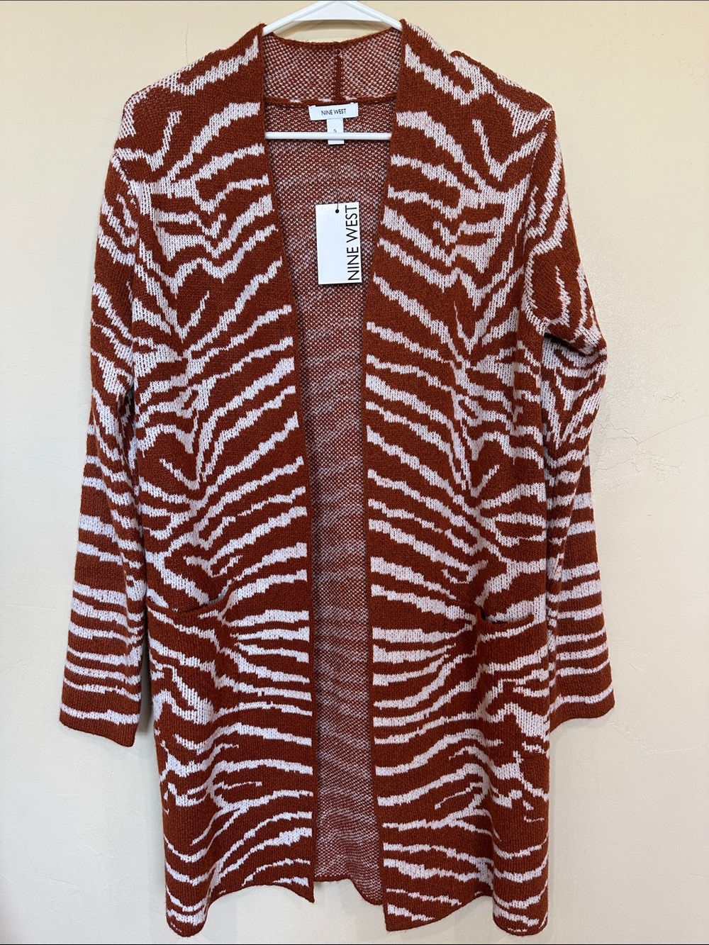 NWT Nine West Rust and White Print Open Front Cardigan Duster Sz S $60